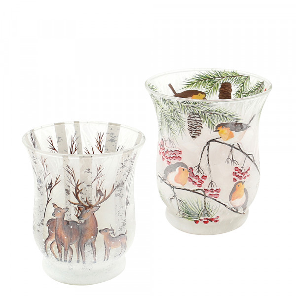 Glas Teelichtbecher Rehe und Vögel 2-fach sort. 8 x 8 x 9 cm im Set