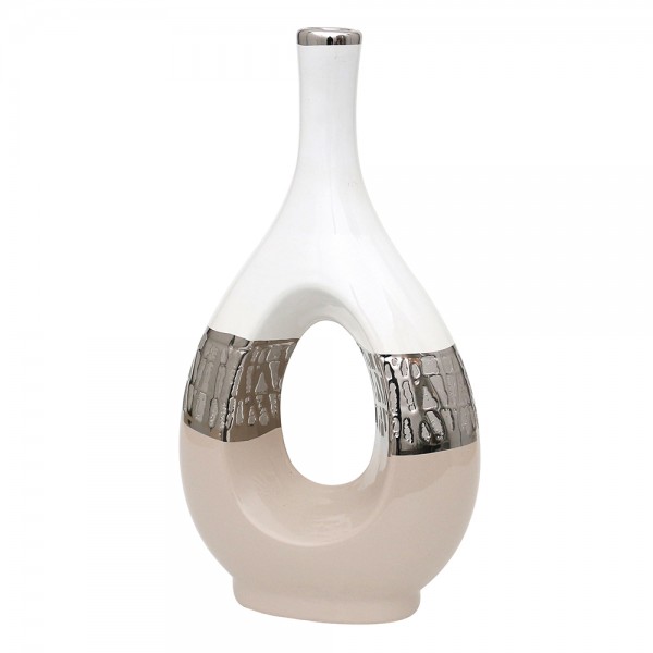 Keramik Vase Cappuccino oval mit Loch silber/weiß 18 x 9 x 33,5 cm