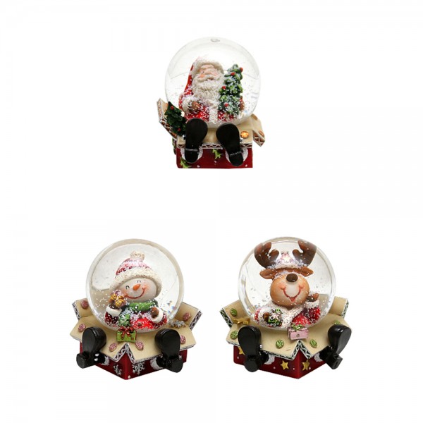 Polyresin Schneekugel Weihnachtsmann, Schneemann, Rentier mini 3-fach sort. 6 x 6,5 x 6,4 cm Ø 4,5 cm im Set