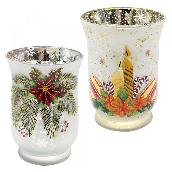 Glas Teelichtbecher Tannenzweige und Kerze 2-fach sort. 11 x 11 x 15 cm im Set