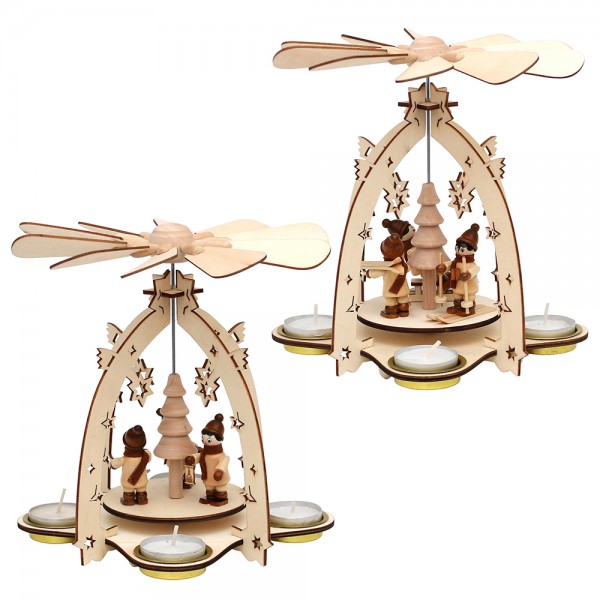 Holz Teelichtpyramide mit Winterfiguren (Laserholz) für 4 Teelichte 2-fach sort. 18 x 18 x 21 cm im Set